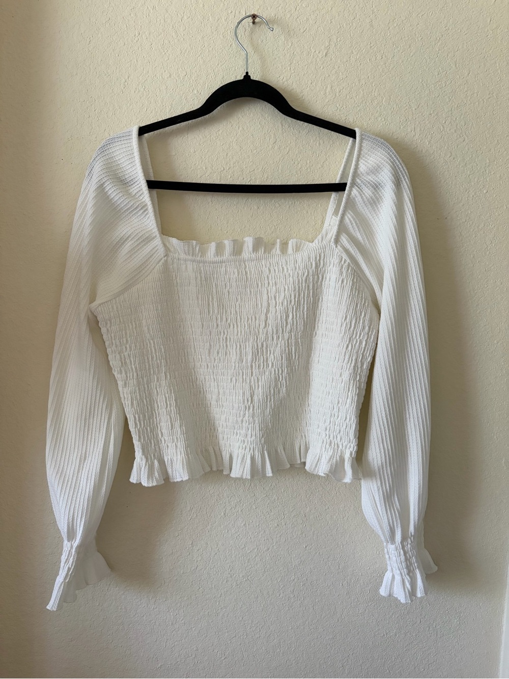 Altar'd State White Smocked Square-Neck Ruffle Long Sleeve Top